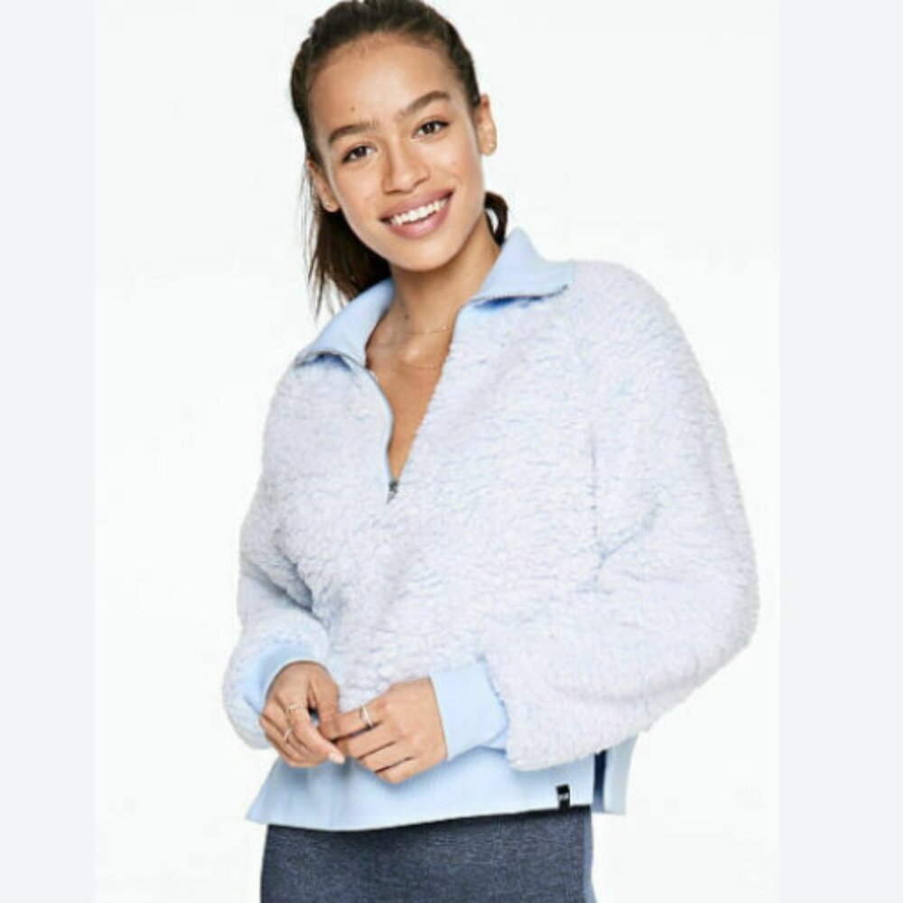 Victoria’s Secret PINK Sherpa Quarter-Zip Pullover S Baby Blue Fleece Sweater